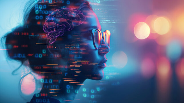 Profile shot of an AI Mate with glasses, her head adorned with vivid digital brain imagery and binary code patterns