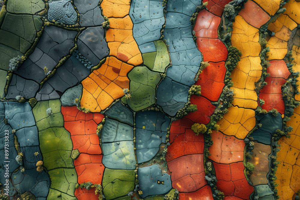 Aufkleber an abstract representation of a farm map with variously colored patches, each labeled with a crop an