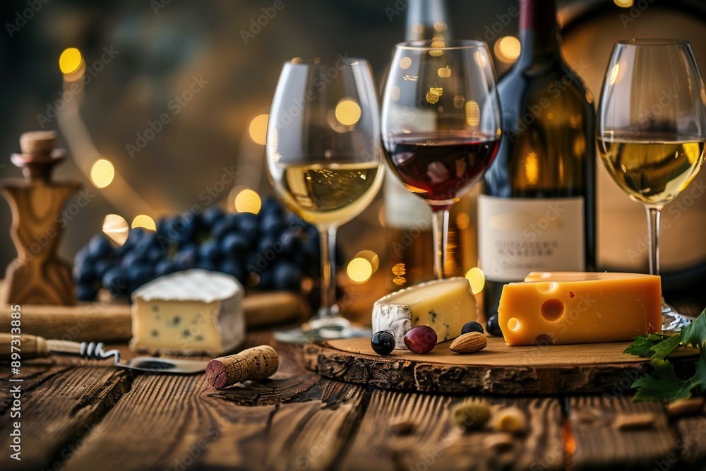 Aufkleber wine glasses filled with red and white wine, wine bottles, and cheese arranged on a wooden table wit