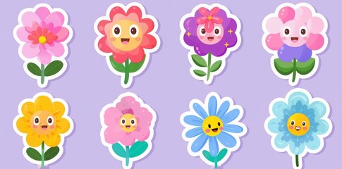 Sticker vector picture of cartoon flowers with cute smiling faces on a light purple background,