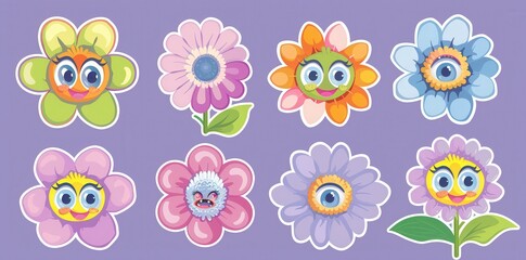 Sticker vector picture of cartoon flowers with cute smiling faces on a light purple background,