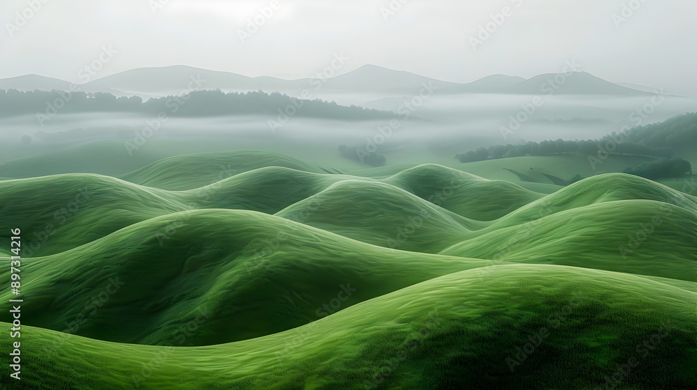 Poster surreal and serene landscape of rolling green hills with smooth undulating patterns and a backdrop o