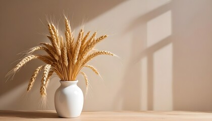 Minimal style interior, ceramic vase with pampas dry grass, neutral beige warm colors, empty blank plaster wall with shadow on the background