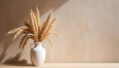 Minimal style interior, ceramic vase with pampas dry grass, neutral beige warm colors, empty blank plaster wall with shadow on the background