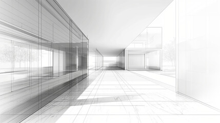 Clean and minimalist white architectural sketch of a modern building interior, perspective view, capturing light and space
