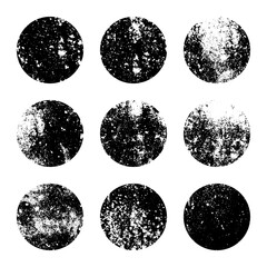 Grunge circles with stains and scratches. Circle brush stroke, round shape design element. Distressed dirty text frame, border, sticker or label. Paintbrush, ink stains. Vector illustration
