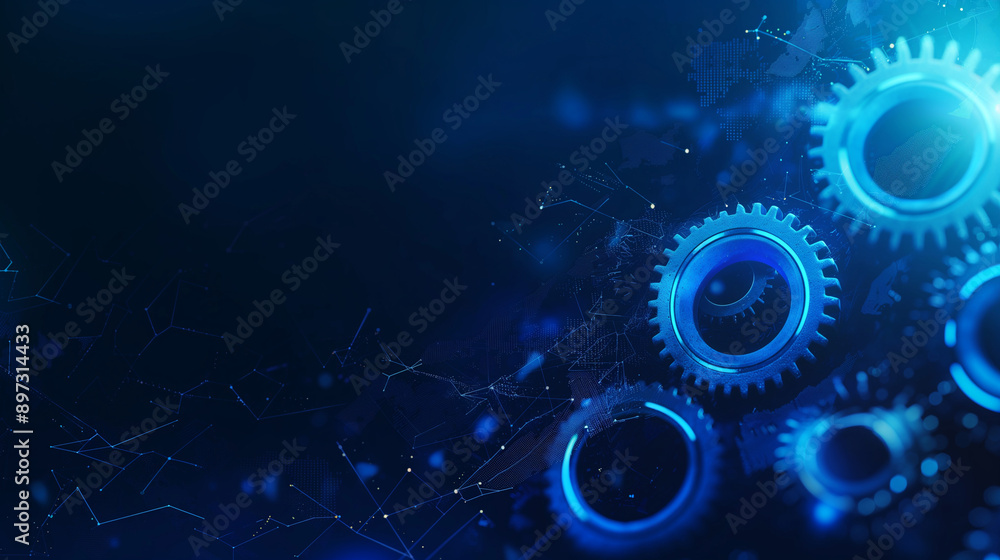 Poster technology background with blue gears and a glowing light effect, set against a dark blue abstract b