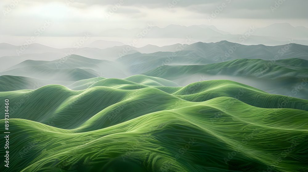 Poster serene rolling green hills with undulating patterns and smooth textures under a misty overcast sky d