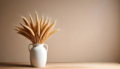 Minimal style interior, ceramic vase with pampas dry grass, neutral beige warm colors, empty blank plaster wall with shadow on the background