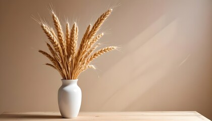 Minimal style interior, ceramic vase with pampas dry grass, neutral beige warm colors, empty blank plaster wall with shadow on the background