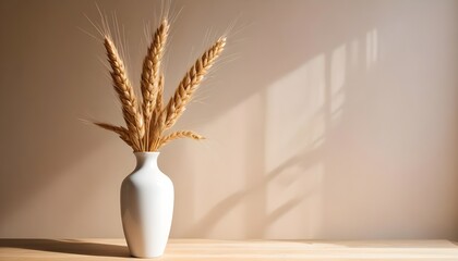 Minimal style interior, ceramic vase with pampas dry grass, neutral beige warm colors, empty blank plaster wall with shadow on the background