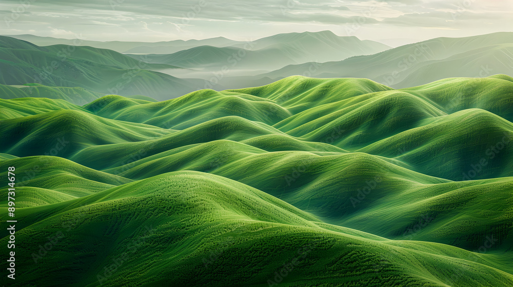 Poster surreal landscape of rolling undulating green hills with smooth patterns and a dynamic aerial perspe