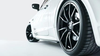 Close-up of a white car with black rims on a white background, highlighting the wheel and bodywork positioned on the right side