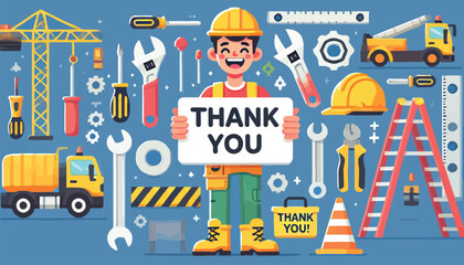 Naklejka premium cheerful cartoon construction worker holding a thank you sign
