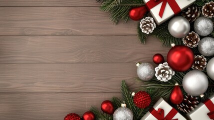 Obraz premium A decorated Christmas tree stands in front of a wood plank wall, with several wrapped gifts at its base