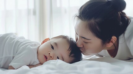 Asian mother kissing baby on white bed family love concept.