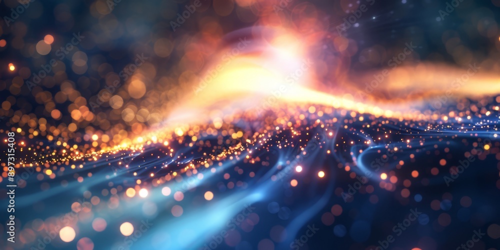Poster Vibrant abstract depiction of illuminated particles forming cosmic wave patterns in a dynamic space.