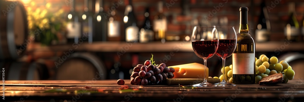 Poster Two glasses of red wine with cheese and grapes on a wooden table in front of a blurry background of a cozy setting. Generative AI