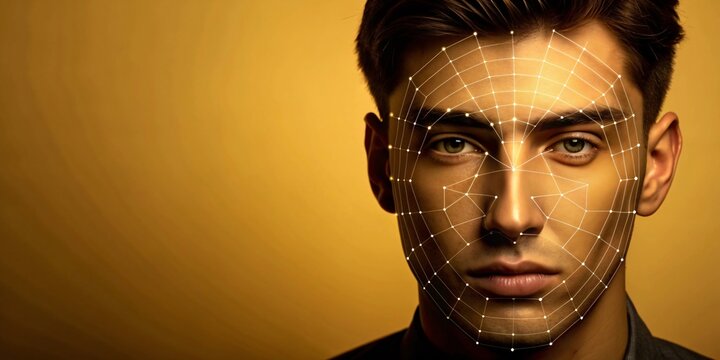 Futuristic Facial Recognition Technology. Close-up of a person's face with digital overlay depicting facial recognition points and network connections. 