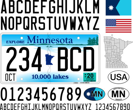 Minnesota car license plate, letters, numbers and symbols, vector illustration, USA, United States