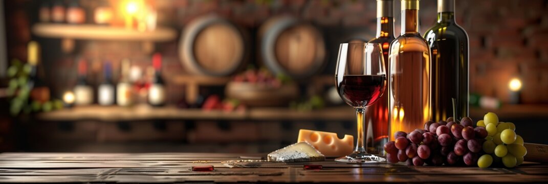 A wooden table with a glass of red wine, wine bottles, cheese, and grapes in a cozy wine cellar setting. Generative AI
