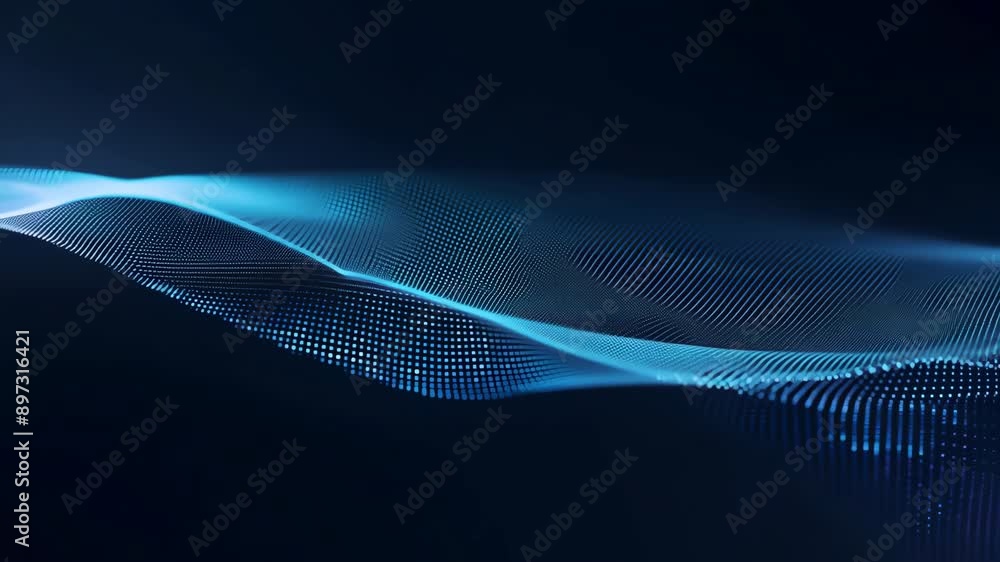 Poster abstract flowing wave of digital particles on dark background