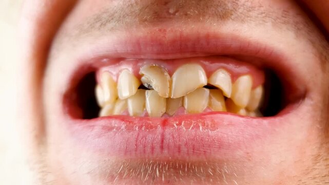 Broken front teeth close-up, trauma, damage to teeth. Broken teeth in a man.