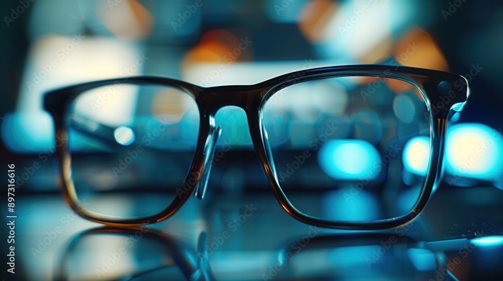 Poster eyeglasses sit on a keyboard, reflecting the blue light emanating from a computer screen. generative