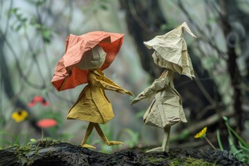 Two origami characters standing on a mossy log in a magical forest, greeting each other