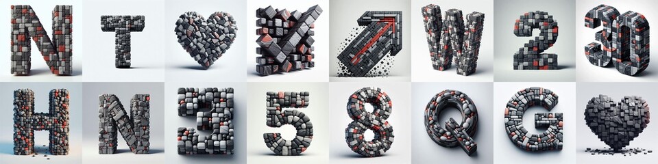 Dark gray and red stones 3D Lettering Typeface. AI generated illustration