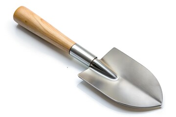 Fototapeta premium Metal shovel with wooden handle isolated on white, top view