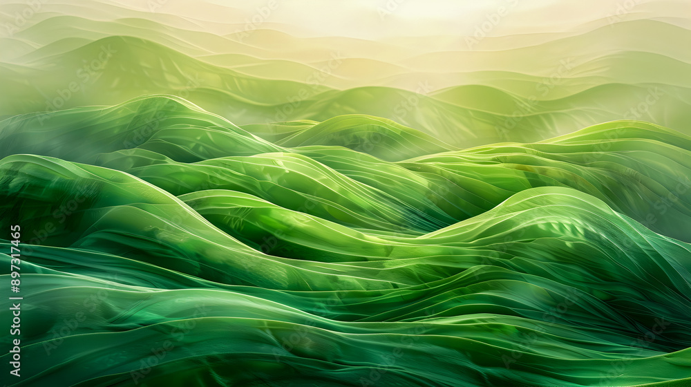Poster a surreal digital art piece depicting undulating green hills with smooth intricate patterns in a mys