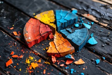 Broken Colorful Pieces of Wood on a Black Wooden Background