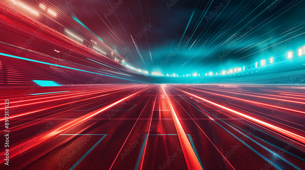 Poster red running track in a stadium with futuristic digital enhancements, showcasing motion trails and ab