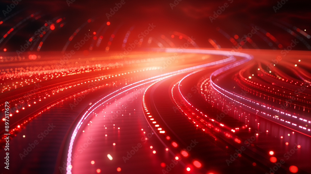 Poster futuristic stadium red track with digital light waves and abstract geometric shapes creating a sense