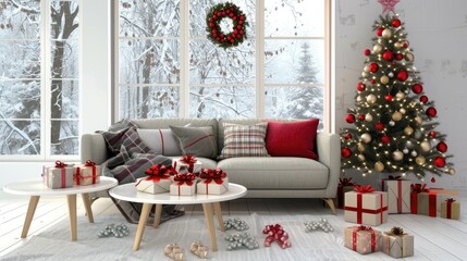 A decorated Christmas tree stands in front of a wood plank wall, with several wrapped gifts at its base