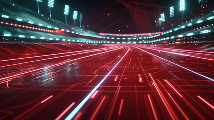Fototapeta premium Stadium running red track with futuristic digital movements, highlighted by abstract neon lines and glowing elements