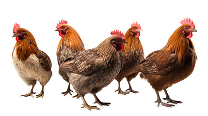 Fototapeta premium A set of chickens and a rooster in different angles transparent background.