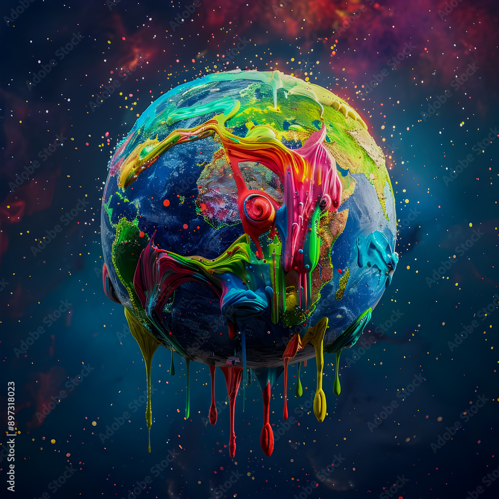 Poster a captivating 3d rendering of the earth covered in vibrant dripping paint set against a deep dark co