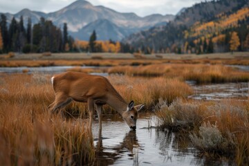 Naklejka premium A doe drinks from a stream in an autumn mountain valley, surrounded by amber grasses and a scenic, colorful landscape. This serene moment captures the essence of fall.