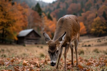 A young deer stands amidst a grassy field, framed by vibrant autumnal trees, representing the essence of unspoiled nature and the serene beauty of wildlife.