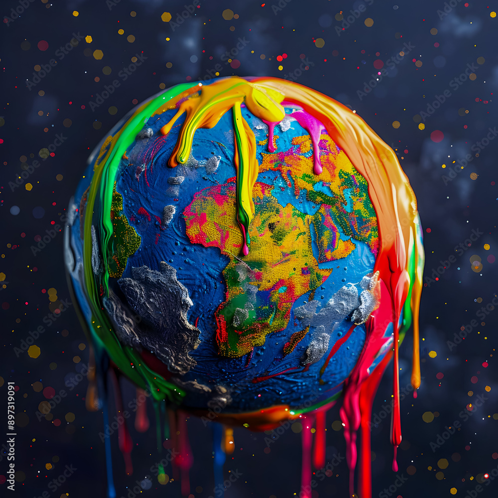 Poster surreal and visually striking 3d rendering of the earth covered in vibrant dripping paint with a dyn