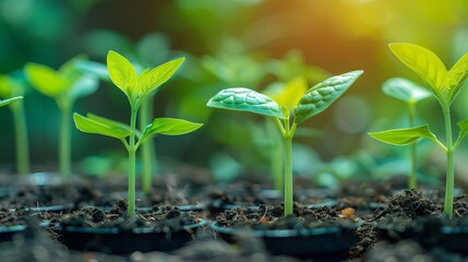 Fresh green seedlings sprout from rich soil, thriving in a warm and natural sunlight environment, symbolizing growth and renewal.