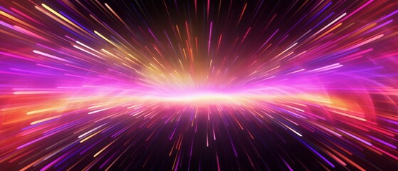 Fototapeta premium Vibrant streaks of light converge on horizon in abstract background, creating dynamic futuristic design with neon colors. Energy bursts in digital universe
