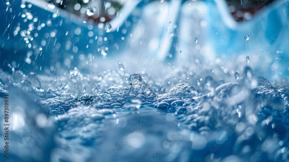 Poster bubbling water splashing. liquid in motion as droplets create bubbles and a refreshing misty spray.
