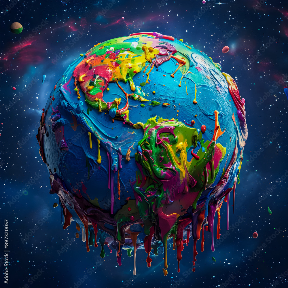 Poster a surreal 3d rendering of the earth covered in vibrant dripping paint with a dynamic frontal view th