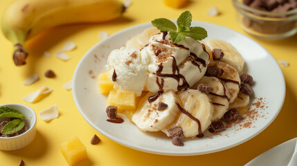 A bowl of banana ice cream with chocolate chips and mint leaves