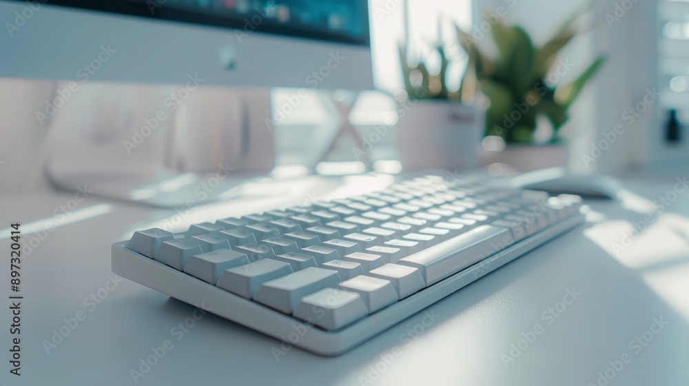 Poster modern workspace minimal keyboard. a bright, clean workspace featuring a sleek, modern keyboard on a