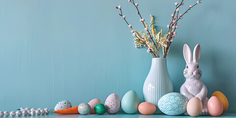 easter still life with eggs and flowers, flowers with blue back ground , wallpaper for flower lovers 