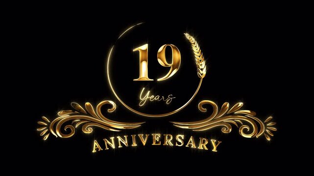 19th Anniversary Celebration. Happy 19 Years Anniversary Animation in Gold Color on the Transparent Background, Alpha Channel. Great for greetings, celebrations, events, and gifts.